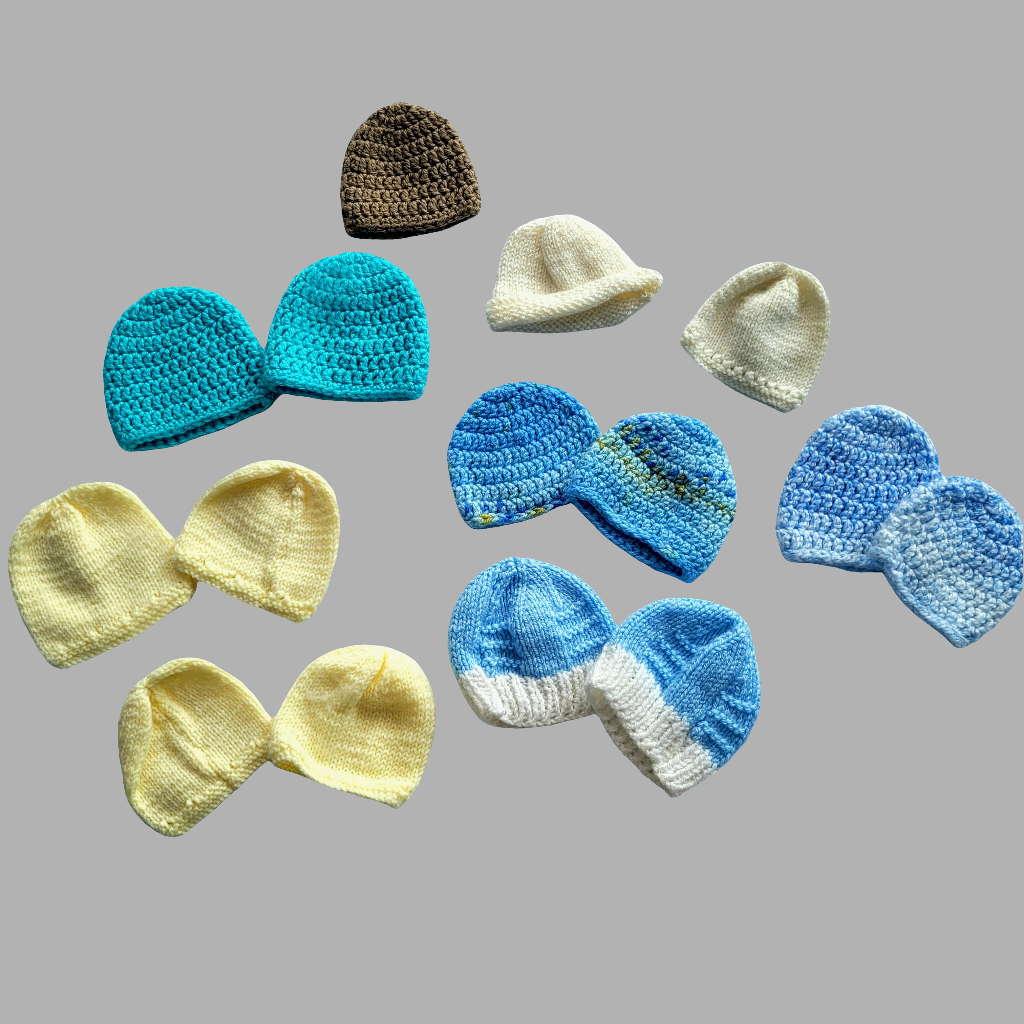 Assortment of Preemie, hand-knitted beanie hats.